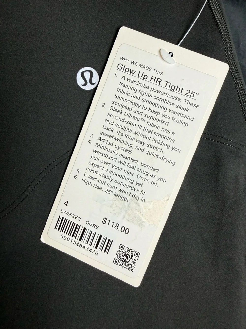 Lululemon glow up leggings, size 4, Charcoal, NWT